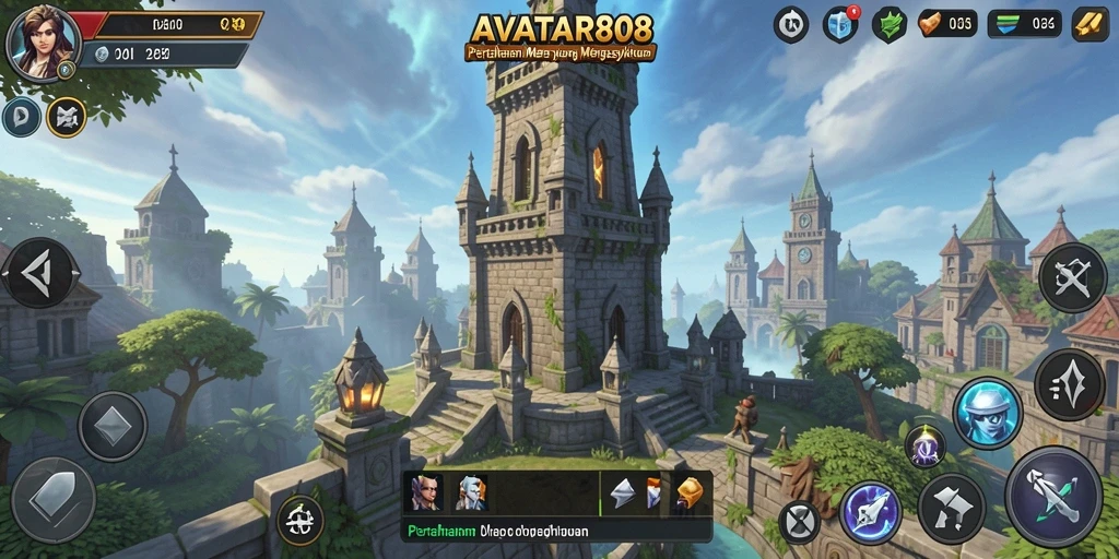 Tangkapan layar AVATAR808 yang menampilkan aksi menara dalam pertempuran Tower Defense.