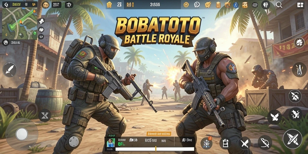 Screenshot BOBATOTO menampilkan aksi mendebarkan dalam pertarungan Battle Royale.