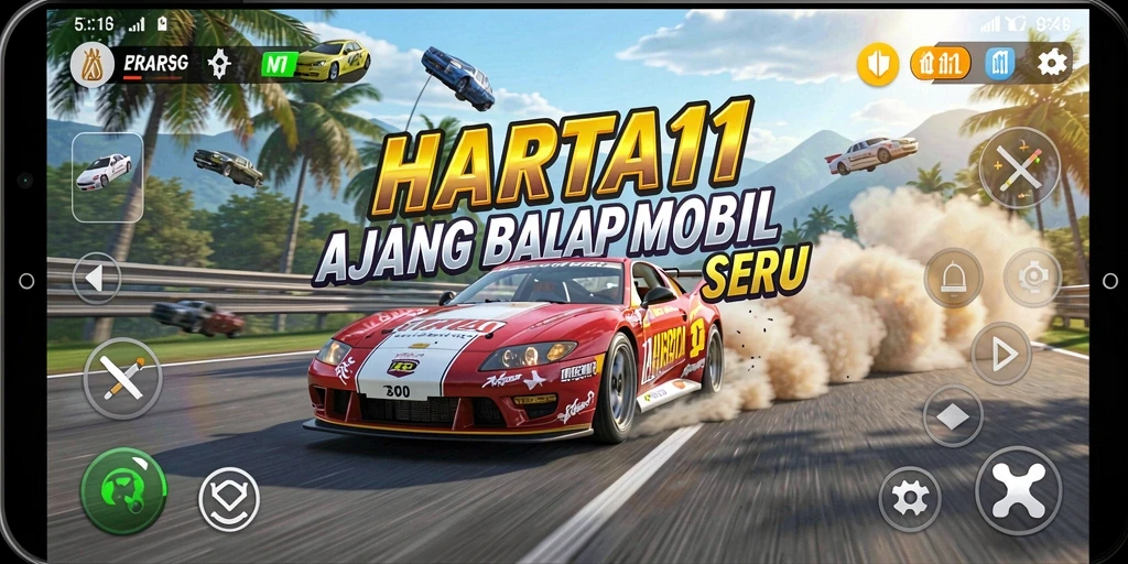 Screenshot utama HARTA11 menampilkan aksi balap mobil yang mendebarkan.