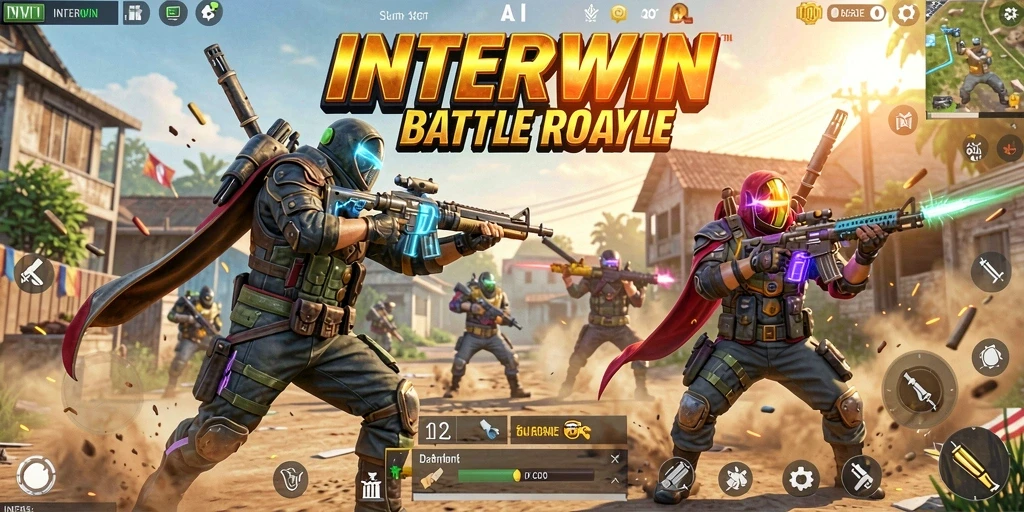 Tangkapan layar utama INTERWIN menampilkan momen intens dalam pertempuran Battle Royale.