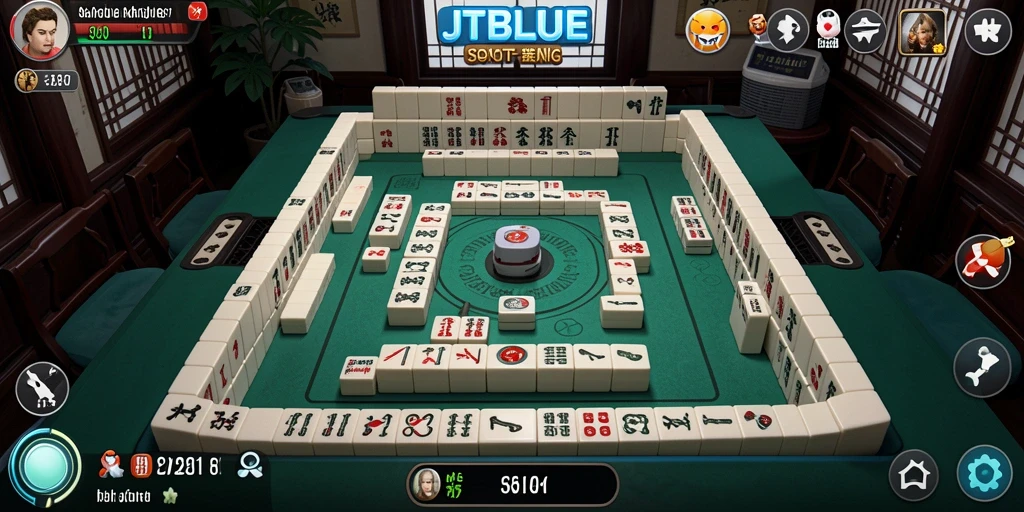 Screenshot JTBLUE menampilkan pemain sedang menikmati permainan Mahjong dengan antarmuka menarik.