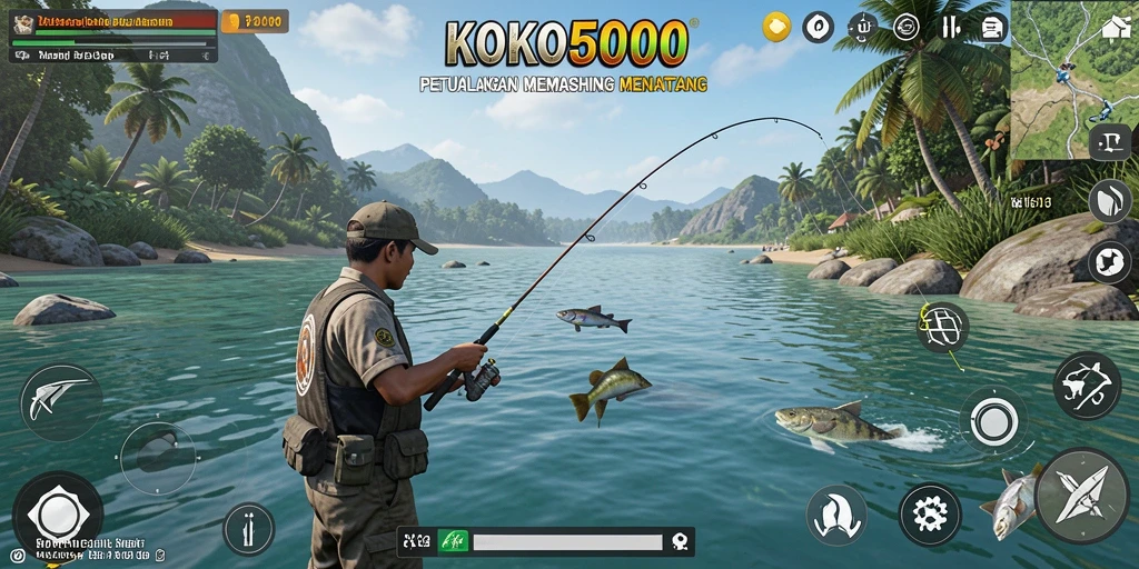 Screenshot gameplay KOKO5000 dengan aksi memancing yang mendebarkan.