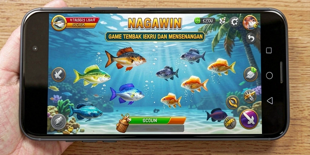 Screenshot gameplay NAGAWIN yang menunjukkan aksi menangkap ikan.