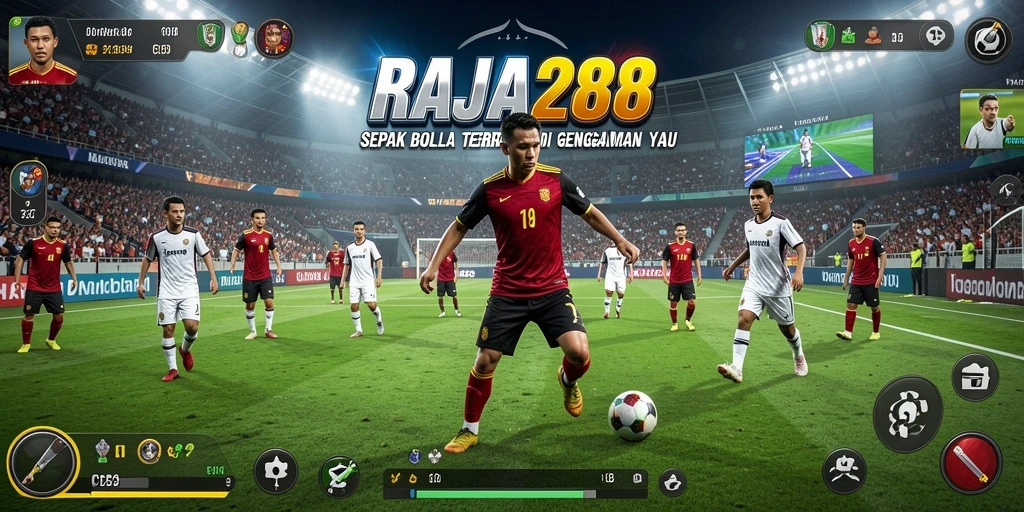 Screenshot utama RAJA288 menampilkan aksi seru dalam permainan sepak bola.