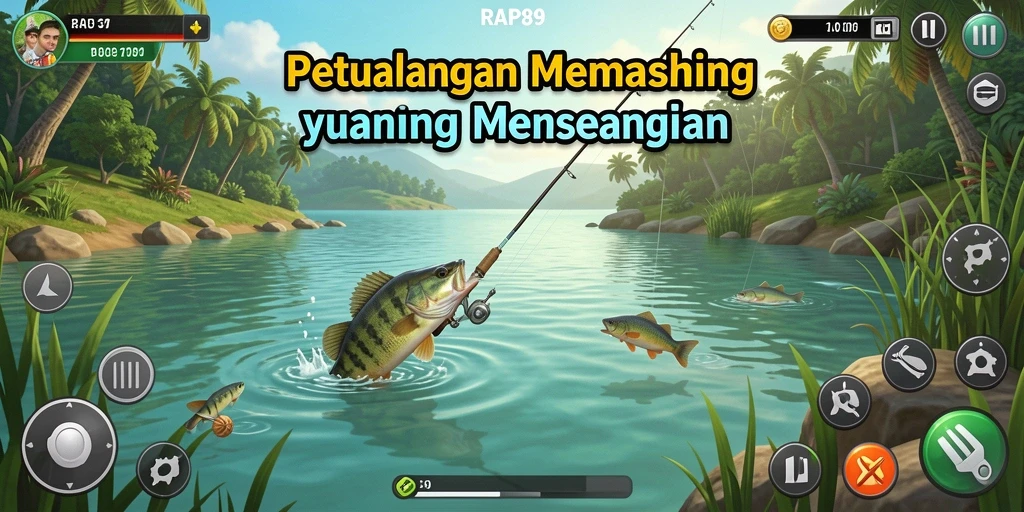 Screenshot gameplay menunjukkan aksi seru memancing di alam yang indah.