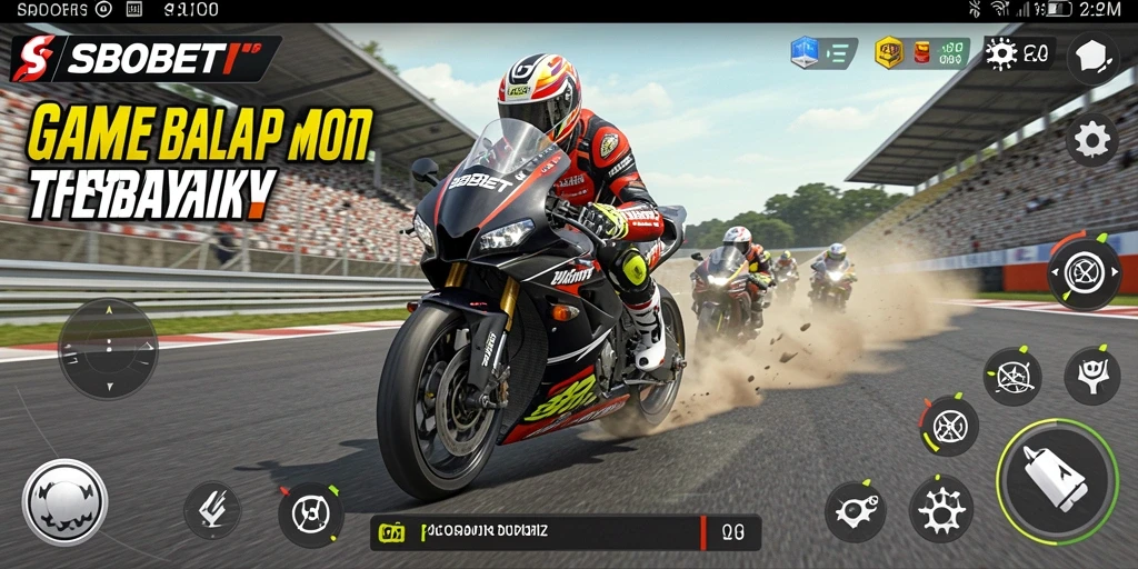 Screenshot menunjukkan aksi balapan seru di SBOBET dengan motor cepat.