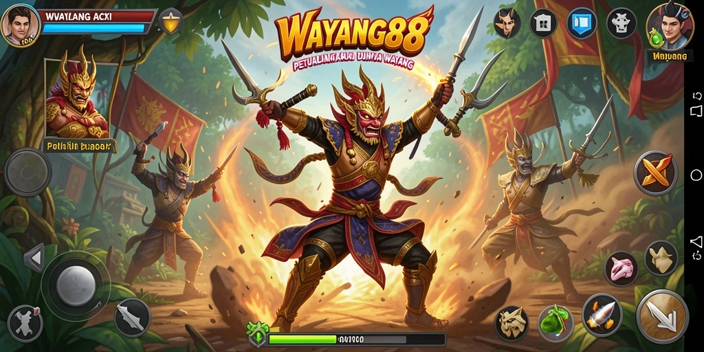 Tangkapan layar utama <strong>WAYANG88</strong> menampilkan aksi pertarungan yang mendebarkan.